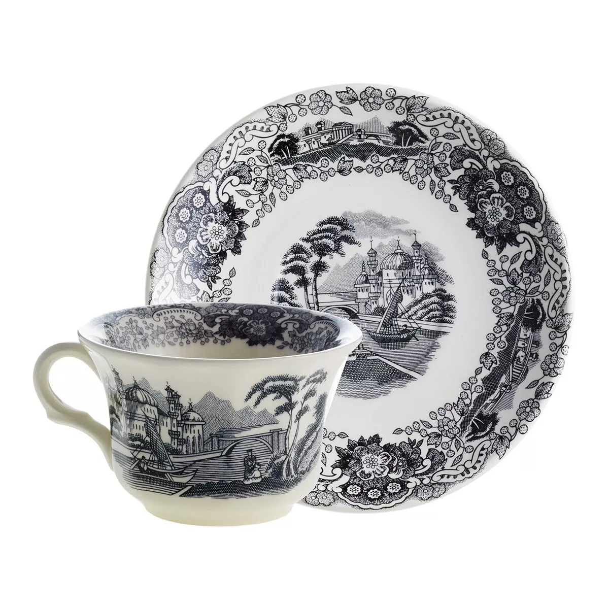 La Cartuja De Sevilla - Taza De Té Con Plato Ochavado Negro Vistas Negro barato